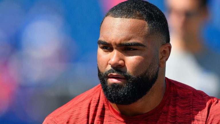 Buffalo Bills defensive tackle Gable Steveson warms up before a pre-season NFL football game against the Carolina Panthers in Orchard Park, N.Y., Saturday, Aug. 24, 2024. (AP Photo/Adrian Kraus)