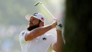Tyrrell Hatton, of England, watches his shot on the second hole during the second round of the Masters at the Augusta National Golf Club, Friday, April 10, 2026, in Augusta, Ga. (AP Photo/Gerald Herbert)