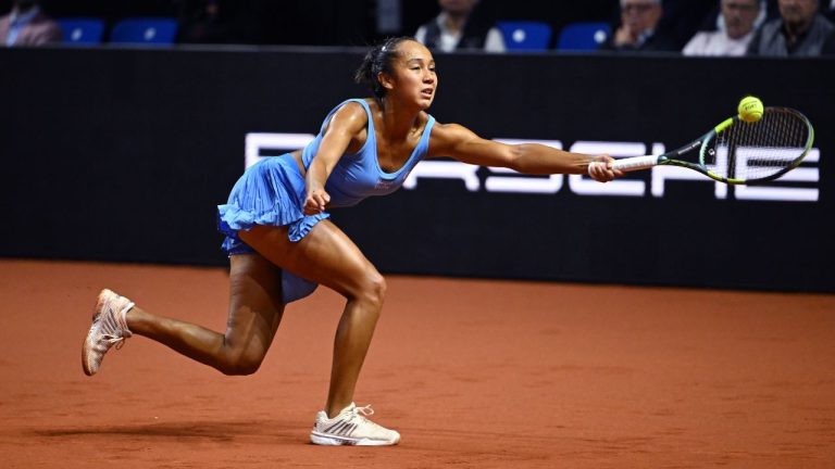 Leylah Fernandez, of Canada, reaches to hit a return against Alexandra Eala, of the Philippines, during the Stuttgart Open tennis tournament, Tuesday, April 14, 2026, in Stuttgart. Germany. (Marijan Murat/dpa via AP)