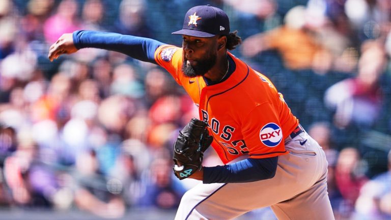 Houston Astros starting pitcher Cristian Javier works against the Colorado Rockies in the first inning of a baseball game Wednesday, April 8, 2026, in Denver. (AP Photo/David Zalubowski)