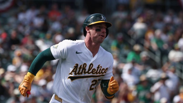 Athletics' Brent Rooker runs after hitting a sacrifice fly during the fifth inning of a baseball game against the Houston Astros Sunday, April 5, 2026, in West Sacramento, Calif. (AP Photo/Sara Nevis)