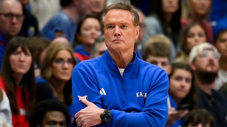 Kansas head coach Bill Self watches his team play against Kansas State during the first half of an NCAA college basketball game in Lawrence, Kan., Saturday, March 7, 2026. (AP Photo/Reed Hoffmann)
