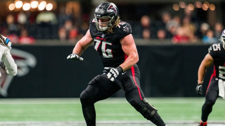 Atlanta Falcons offensive tackle Kaleb McGary (76) works during the second half of an NFL football game against the Carolina Panthers, Sunday, Jan. 5, 2025, in Atlanta. The Panthers defeated the Falcons 44-38. (AP Photo/Danny Karnik)