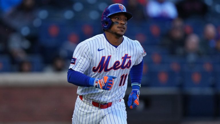 New York Mets' Jorge Polanco (11) during the fifth inning of a baseball game against the Arizona Diamondbacks Tuesday, April 7, 2026, in New York. (AP Photo/Frank Franklin II)