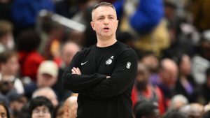 Toronto Raptors head coach Darko Rajakovic in action during the first half of an NBA basketball game against the Washington Wizards, Saturday, Feb. 28, 2026, in Washington. (AP Photo/Nick Wass)