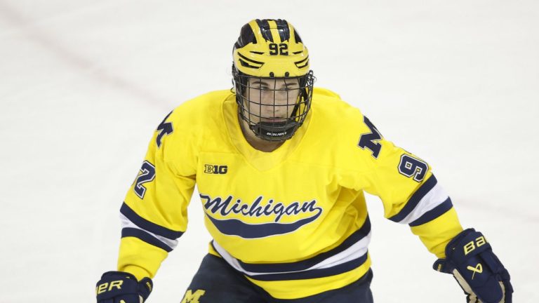 Michigan's Adam Valentini plays during an NCAA game on Saturday, Jan. 10, 2026, in Ann Arbor, Mich. (AP Photo/Al Goldis)