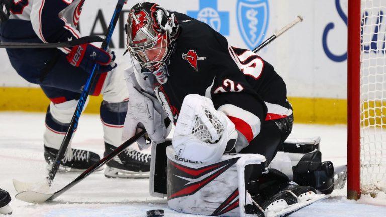 Buffalo Sabres goaltender Colten Ellis (92) makes a save during the second period of an NHL hockey game against the Columbus Blue Jackets, Thursday, April 9, 2026, in Buffalo, N.Y. (AP Photo/Jeffrey T. Barnes)