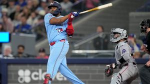 Toronto Blue Jays first baseman Vladimir Guerrero Jr. hits a double during third-inning action against the Boston Red Sox, in Toronto on Tuesday, April 28, 2026. (CP/Nathan Denette)