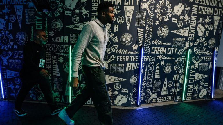 Milwaukee Bucks forward Giannis Antetokounmpo walks to the locker room after an NBA basketball game against the Brooklyn Nets, Friday, April 10, 2026, in Milwaukee. (Jeffrey Phelps/AP)