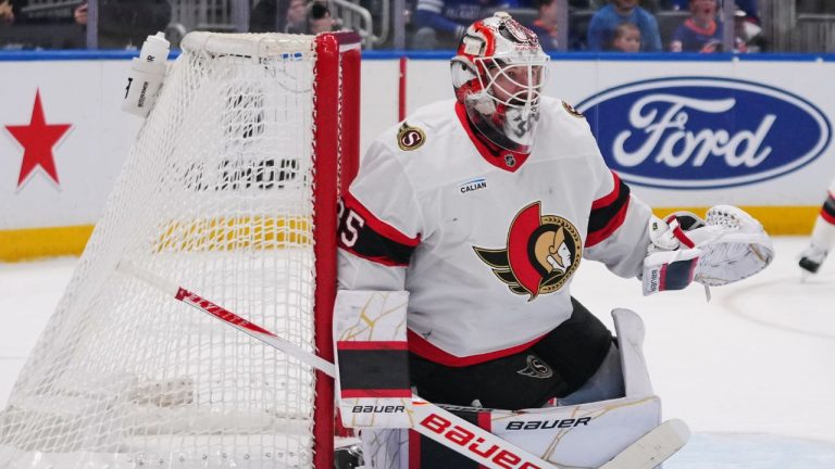 Ottawa Senators goaltender Linus Ullmark (35) protects the net during the second period of an NHL hockey game against the New York Islanders Saturday, April 11, 2026, in Elmont, N.Y. (Frank Franklin II/AP)