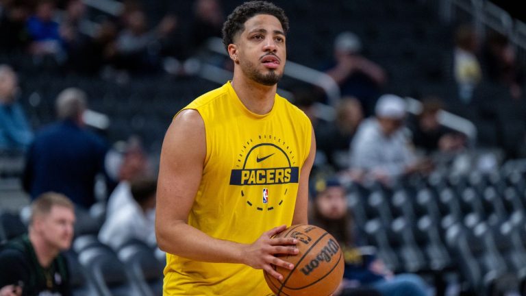 Indiana Pacers guard Tyrese Haliburton shoots around on the court before an NBA basketball game against the Minnesota Timberwolves in Indianapolis, Tuesday, April 7, 2026. (Doug McSchooler/AP)