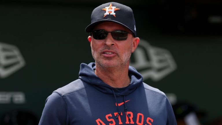 Houston Astros manager Joe Espada watches the team warm up before a baseball game against the Athletics Sunday, April 5, 2026, in West Sacramento, Calif. (Sara Nevis/AP)