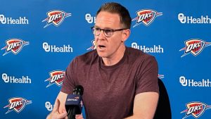 Oklahoma City Thunder general manager Sam Presti reflects on the team's first championship season during an NBA basketball press conference, Monday, June 30, 2025, in Oklahoma City. (Cliff Brunt/AP)