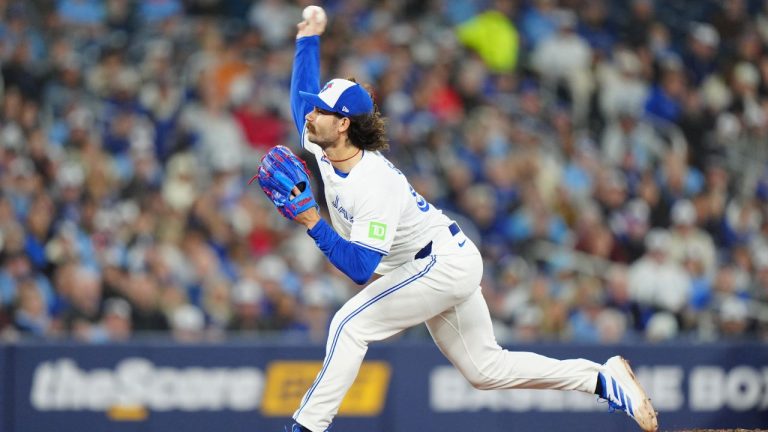 Toronto Blue Jays pitcher Dylan Cease throws during first inning MLB action against the Athletics in Toronto on Saturday, March 28, 2026. (CP/Frank Gunn)