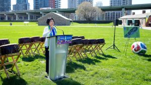 City of Toronto Mayor Olivia Chow speaks as she provides a first look at the FIFA Fan Festival Toronto, the City’s central fan destination for the FIFA World Cup 2026 in Toronto on Monday, April 27, 2026. The fan festival will take place at Fort York National Historic Site and The Bentway. THE CANADIAN PRESS/Nathan Denette