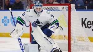 Vancouver Canucks goaltender Thatcher Demko (35) looks on during the first period of an NHL hockey game against the Buffalo Sabres Tuesday, Jan. 6, 2026, in Buffalo, N.Y. (Jeffrey T. Barnes/AP)