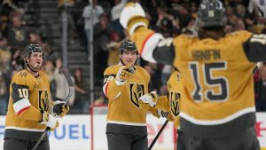 Vegas Golden Knights left wing Ivan Barbashev (49) celebrates after scoring against the Utah Mammoth during the third period in Game 1 of a first-round NHL hockey Stanley Cup playoff series Sunday, April 19, 2026, in Las Vegas. (AP Photo/John Locher)
