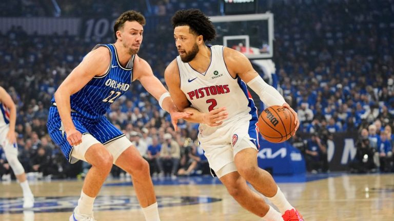 Detroit Pistons guard Cade Cunningham (2) drives around Orlando Magic forward Franz Wagner (22) during the first half in Game 4 of a first-round NBA basketball playoff series, Monday, April 27, 2026, in Orlando, Fla. (John Raoux/AP)