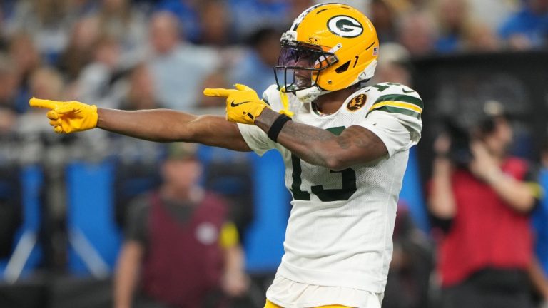 Green Bay Packers wide receiver Dontayvion Wicks reacts during an NFL game against the Detroit Lions Thursday, Nov. 27, 2025, in Detroit. (AP/Ryan Sun)