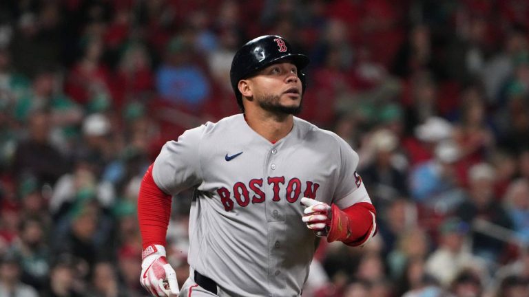 Boston Red Sox's Willson Contreras flies out during the fourth inning of a baseball game against the St. Louis Cardinals Friday, April 10, 2026, in St. Louis. (Jeff Roberson/AP)