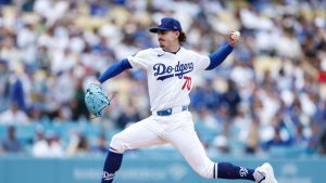 Los Angeles Dodgers starting pitcher Justin Wrobleski (70) throws during the first inning of a baseball game against the Chicago Cubs, Sunday, April 26, 2026, in Los Angeles. (Caroline Brehman/AP)