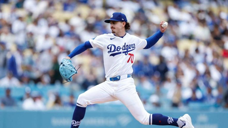 Los Angeles Dodgers starting pitcher Justin Wrobleski (70) throws during the first inning of a baseball game against the Chicago Cubs, Sunday, April 26, 2026, in Los Angeles. (Caroline Brehman/AP)