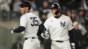 New York Yankees' Cody Bellinger (35) celebrates his two-run home run with Aaron Judge during the fifth inning of a baseball game against the Miami Marlins, Saturday, April 4, 2026, in New York. (Heather Khalifa/AP)