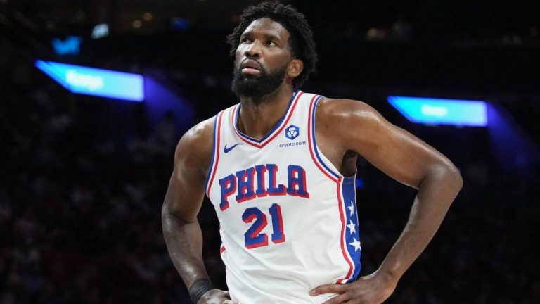 Philadelphia 76ers centre Joel Embiid (21) reacts during the second half of an NBA basketball game against the Miami Heat, Monday, March 30, 2026, in Miami. (Lynne Sladky/AP)