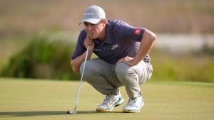 Matt Fitzpatrick, of England, prepares to putt on the 18th hole during the third round of the RBC Heritage golf tournament Saturday, April 18, 2026, in Hilton Head, S.C. (Mike Stewart/AP)