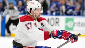 Montreal Canadiens right wing Josh Anderson (17) celebrates his goal against the Tampa Bay Lightning during the first period in Game 1 of an Stanley Cup first-round playoff series, Sunday, April 19, 2026, in Tampa, Fla. (Chris O'Meara/AP Photo)