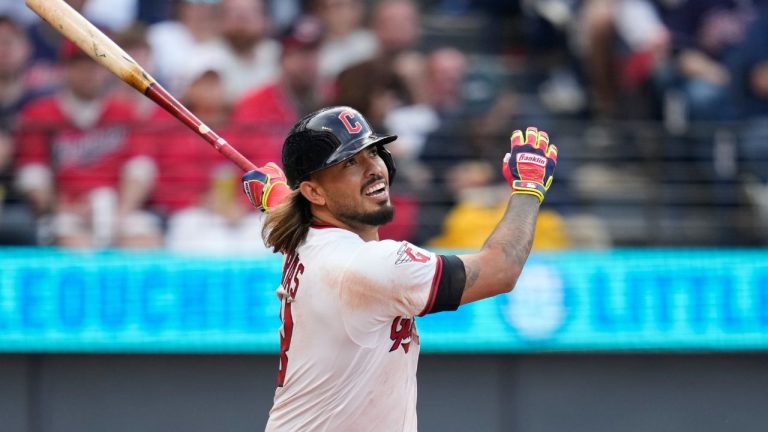 Cleveland Guardians' Gabriel Arias (13) watches his home run in the 7th inning of a baseball game against the Chicago Cubs in Cleveland, Friday, April 3, 2026. (Sue Ogrocki/AP Photo)