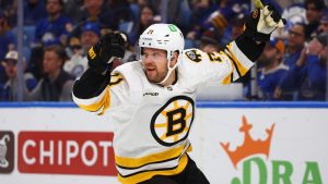 Boston Bruins left wing Viktor Arvidsson (71) celebrates his goal during the second period in Game 2 of a first-round NHL hockey Stanley Cup playoff series against the Buffalo Sabres Tuesday, April 21, 2026, in Buffalo, N.Y. (Jeffrey T. Barnes/AP Photo)