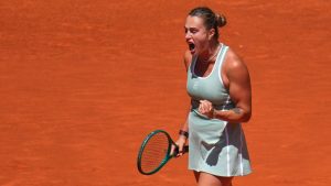 Aryna Sabalenka of Belarus reacts during her match against Naomi Osaka of Japan during the Madrid Open tennis tournament in Madrid, Monday, April 27, 2026. (Manu Fernandez/AP)