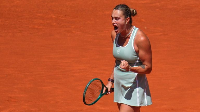 Aryna Sabalenka of Belarus reacts during her match against Naomi Osaka of Japan during the Madrid Open tennis tournament in Madrid, Monday, April 27, 2026. (Manu Fernandez/AP)
