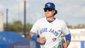 Toronto Blue Jays prospect Austin Smith jogs toward the dugout during a game in Dunedin, Fla. (Courtesy Dunedin Blue Jays)
