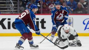 Colorado Avalanche centre Nathan MacKinnon (29) skates against Los Angeles Kings defenceman Drew Doughty (8) during the third period of Game 1 in the first round of the NHL hockey Stanley Cup Playoffs. (Jack Dempsey/AP)