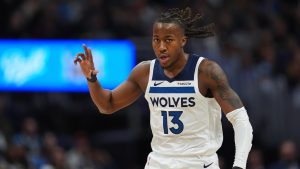 Minnesota Timberwolves guard Ayo Dosunmu in the first half in Game 5 of a first-round NBA playoffs series Monday, April 27, 2026, in Denver. (AP/David Zalubowski)