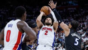 Detroit Pistons guard Cade Cunningham (2) takes a shot against Orlando Magic forward Paolo Banchero (5) as Pistons center Jalen Duren (0) helps defend during the first half in Game 2 of a first-round NBA basketball playoffs series Wednesday, April 22, 2026, in Detroit. (Duane Burleson/AP)