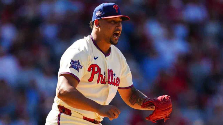 Philadelphia Phillies pitcher Jhoan Duran reacts after striking out Arizona Diamondbacks' Jorge Barrosa for the final out of a baseball game, Saturday, April 11, 2026, in Philadelphia. (Derik Hamilton/AP)