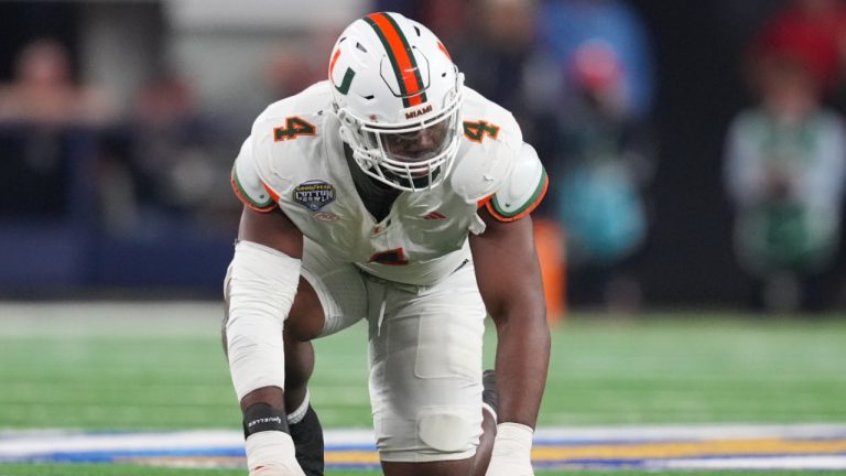 Miami defensive lineman Rueben Bain Jr. lines up for a play during the Cotton Bowl College Football Playoff quarterfinal game between Ohio State and Miami Wednesday, Dec. 31, 2025, in Arlington, Texas. (AP/Julio Cortez)