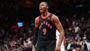 Toronto Raptors' RJ Barrett (9) celebrates a basket against the Cleveland Cavaliers during second half NBA playoff basketball action in Toronto on Thursday, April 23, 2026. (Frank Gunn/CP)