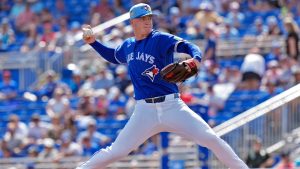 Toronto Blue Jays pitcher Braydon Fisher delivers to Canada during the fourth inning of an exhibition baseball game Tuesday, March 3, 2026, in Dunedin, Fla. (Chris O'Meara/AP)