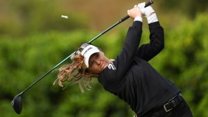 Brooke Henderson hits from the 14th tee during the first round of the LPGA's JM Eagle LA Championship golf tournament at El Caballero Country Club Thursday, April 16, 2026, in Los Angeles. (Jessie Alcheh/AP)