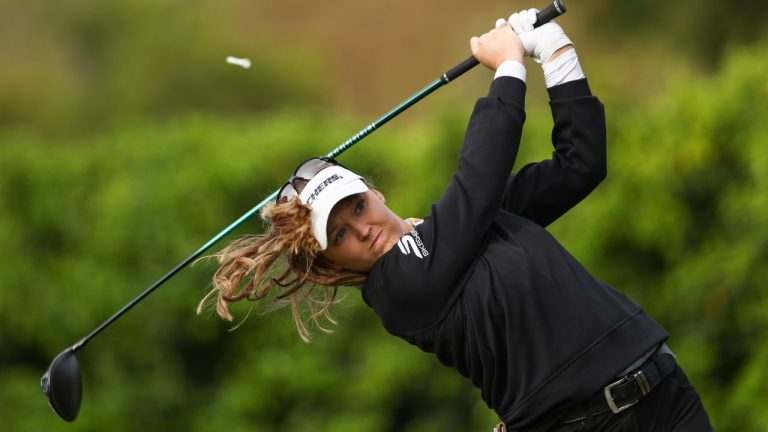 Brooke Henderson hits from the 14th tee during the first round of the LPGA's JM Eagle LA Championship golf tournament at El Caballero Country Club Thursday, April 16, 2026, in Los Angeles. (Jessie Alcheh/AP)