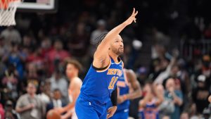 New York Knicks guard Jalen Brunson celebrates after scoring in the first half during Game 6 in a first-round NBA playoffs series against the Atlanta Hawks Thursday, April 30, 2026, in Atlanta. (AP/Brynn Anderson)