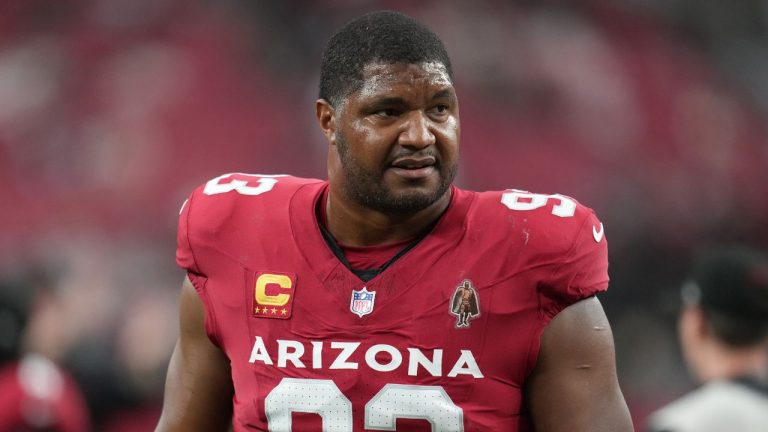 Arizona Cardinals defensive tackle Calais Campbell (93) during an NFL football game against the Jacksonville Jaguars Sunday, Nov. 23, 2025, in Glendale. (Rick Scuteri/AP)