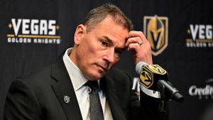 Vegas Golden Knights coach Bruce Cassidy speaks at a news conference after an NHL hockey game against the Calgary Flames, Sunday, Dec. 29, 2024, in Las Vegas. (David Becker/AP)