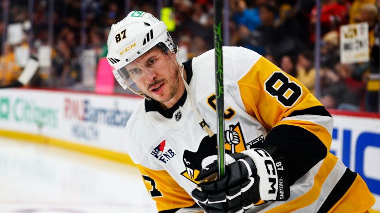 Pittsburgh Penguins centre Sidney Crosby during warm up before an NHL hockey game, against the New Jersey Devils, Thursday, April 9, 2026, in Newark, N.J. (Noah K. Murray/AP)
