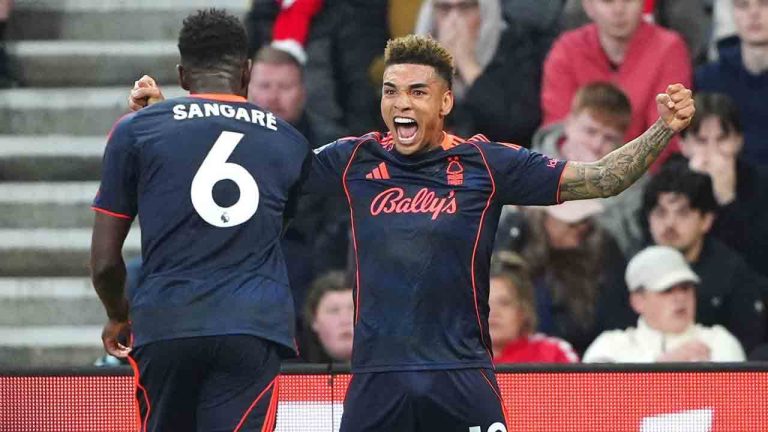 Nottingham Forest's Igor Jesus, right, celebrates scoring their fourth goal of the game with teammate Ibrahim Sangare during the Premier League soccer match between Sunderland and Nottingham Forest, Friday, April 24, 2026, in Sunderland, England. (Owen Humphreys/PA via AP)