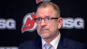 New Jersey Devils general manager Tom Fitzgerald announces the Devils signed Jack Hughes to an eight-year $64 million extension during a news conference, Tuesday, Nov. 30, 2021, in Newark, N.J. (Bill Kostroun/AP)